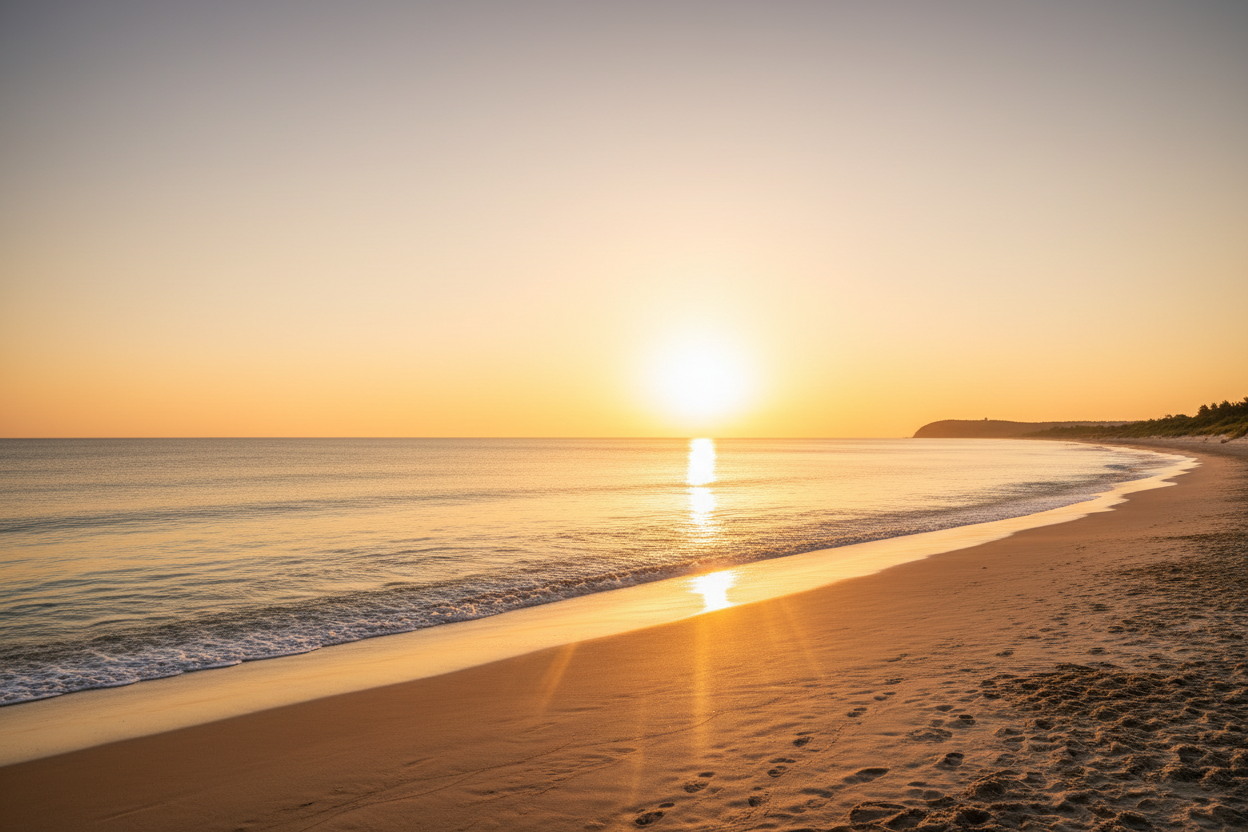 Sunset over a beach with waves and footprints on the sand.